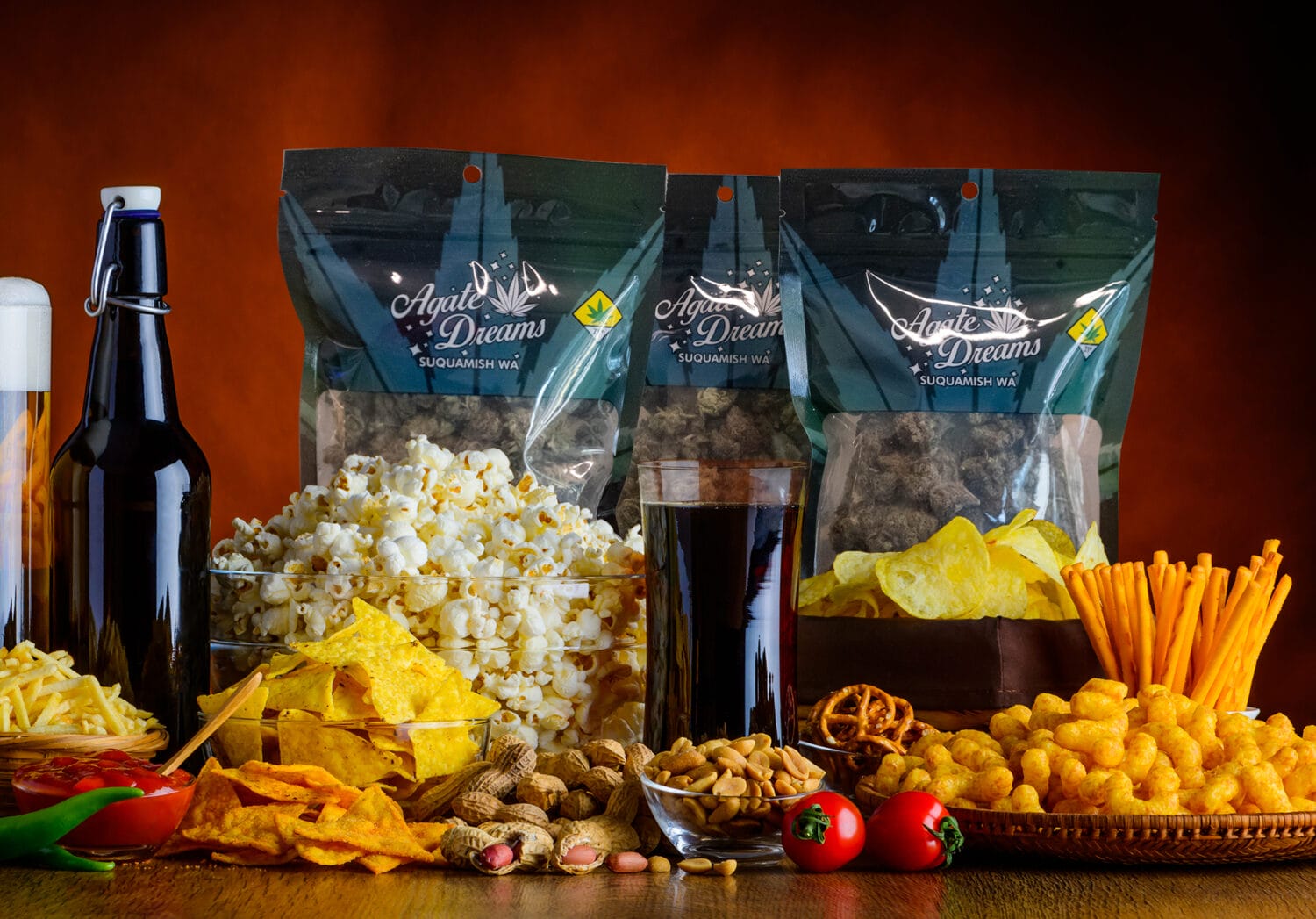 Panoramic view of Salty-Snacks and Drinks on wooden Table in still-life